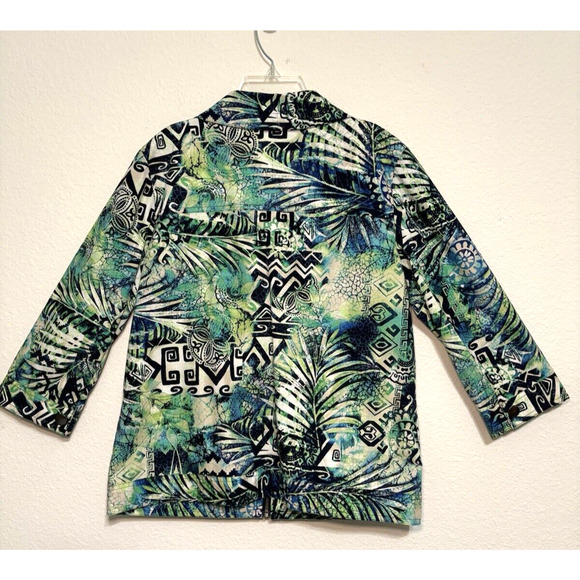 Lightweight Tropical Zip-Up Jacket CHICOs Size 1‎ (Large) Green Abstract Pattern - Picture 2 of 7